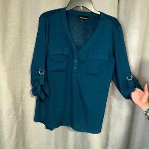 Fortune +Ivy Nur Mixed Material Henley Teal Blouse